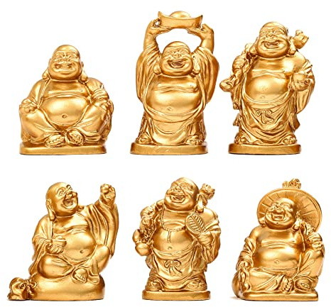 STCREE Fesng Shui lachender Buddha-Statuen aus Kunstharz, goldfarben, glückliche Maitreya-Statue, 5,5 cm (H), Schreibtisch-Blumentopf, Dekoration, Sammlerstück, Geschenk, 6 Stück TQGJST3