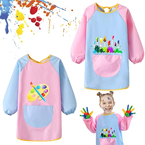 UMILKI 2Pcs Malkittel Kinder,Wasserdicht Malschürze,Langarm Malschürze Kinder für 6-12 Jahre Mädchen/Junge,Bastelkittel Bastelschürze Kinder mit Ärmeln für Malen & Basteln Backen Kochen
