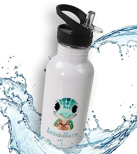 timalo® Trinkflasche für Kinder personalisiert mit Namen | auslaufsichere Edelstahl Sportflasche Kindergarten mit Tieren Geschenk für Jungen und Mädchen 400mL | 04-Schildkröte