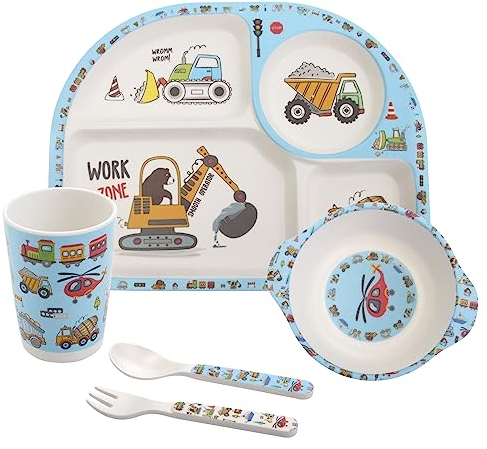 Kindergeschirr Set, 5er Geschirr Set für Kleinkinder, Baby Fütterung Set umfasst Kinderteller, Schüssel, Becher, Löffel, Gabel, Melamin Geschirr Spülmaschinenfest, BPA frei (Construction)