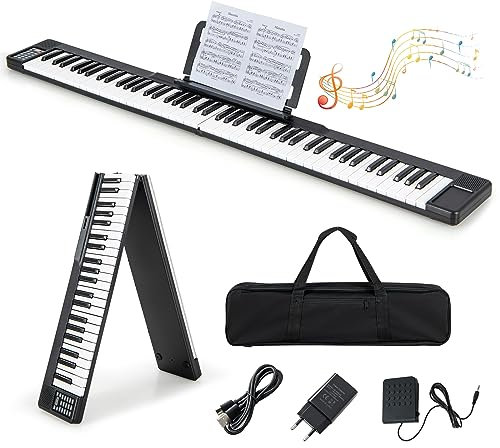 COSTWAY 88 Tastatur digitale Keyboard faltbar, Kinder elektrisches Klavier 128 Rhythmen / 128 Töne/Bluetooth/Lautsprecher