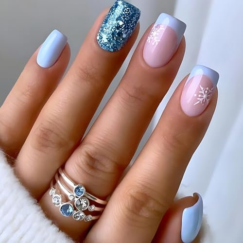 Ceboic 24 Stück Weihnachten Press on Nails Kurz, Blau Weiß Schneeflocke Eckig French Künstliche Nägel, Acryl Full Cover Nägel Zum Aufkleben Natürliche Fingernägel Kunstnägel Fake Nails für Frauen