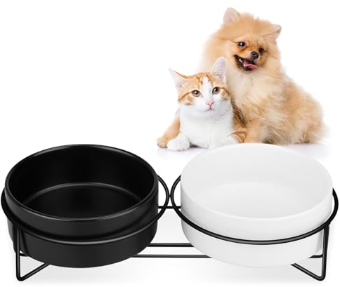 MOCOBO Hundenapf Katzennapf, Fressnapf für Mittelgroße Hunde, Doppel Napf mit Ständer, Schwarz-weiße Schüssel - 2 × 400 ML