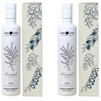 JAVIOLIVA – Pack 2 Bouteilles d’Huile d’Olive Vierge Extra PREMIUM Picual – Récolte Précoce 2025/26 – Pression à Froid – 2 x 500 ml avec Coffret Cadeau Élégant – 100% Espagnole – Idéal Gourmet