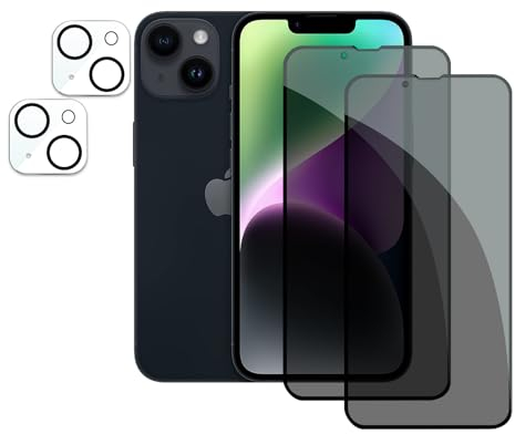 2 Stück Sichtschutz für iPhone 14 mit 2 Stück Kameraschutz, Anti-Spähen Privatsphäre Schutzfolie,Anti-Spy Panzer Schutz Glas Folie, HD Blickschutzfolie, 9H Härte, Anti-Kratzer