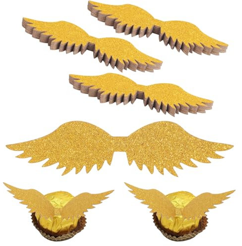 CCINEE 50 Pcs Gold Wings Wizard Chocolate Decoration Golden Wings Wafer Cupcake Toppers with Glue Point Dots for Themed Party Birthday Cake Wedding