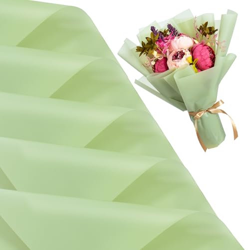 RIBBOOO 20 Sheets Light Green Floral Matte Wrapping Paper, Plastic Waterproof Wrap Paper for Gift Wrapping, Flower Bouquet Packaging, Bouquet Florist Supplies, Wedding, Birthday, Graduation