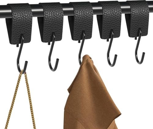 BELIHOME S Haken Schwarz mit Lederschlaufe, 5 Stück Haken Garderobenhaken Kleiderhaken Metallhaken, Mehrzweckhaken mit Lederschlaufe Campinghaken für Garderobe Kleiderstange Stange Küche Badezimmer