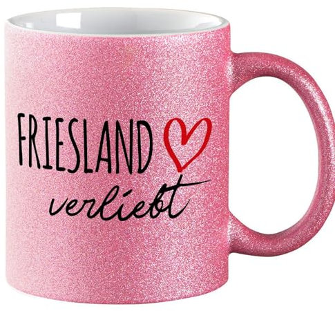 Huuraa Glitzer Kaffeebecher Friesland verliebt Geschenk 330ml Pink Friesland Mitbringsel