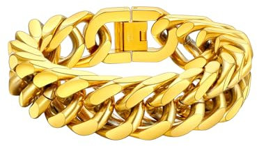 FaithHeart Herren Armband 19cm-23cm, Gold Punk Panzerarmband 17mm breit, Kubanische Kette Armband mit Faltverschluss für Freunden Sohn