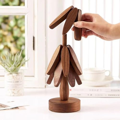 Wooden Trivets for Hot Dishes, Tree Shape Wood Coasters Trivet Set with Foldable Heat Resistant Hot Pads, Non-Slip Pot Holders Table Mat for Protection Pot Bowl Teapot Cups (Walnut)