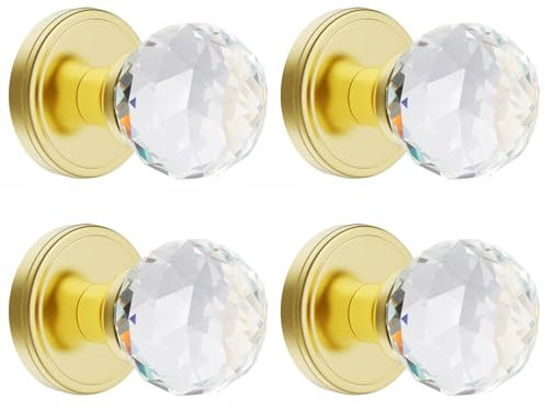 CLCTK 4 Pack Crystal Glass Dummy Door Knobs, Inactive Round Half-Dummy Door Knob Set, Single Side, Polished Brass