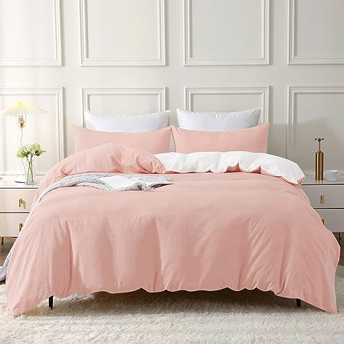 SOULFUL Housse de Couette 200x200 Coton, Rose Ensembles de Housse de Couette avec Fermeture Éclair, 100% Coton Lavé, Texture Lin, Parure de Lit 200x200 Adulte Coton avec 2 Taie d'oreiller 65x65 cm
