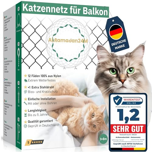 Premium Katzennetz für Balkon - 3x8m in Olivgrün Extra Drahtverstärkt, Katzenschutznetz mit oder ohne Bohren Fensternetz Balkonnetz für Katzen Schutz Katzenschutz Fensterschutz Schutznetz, Cat Net