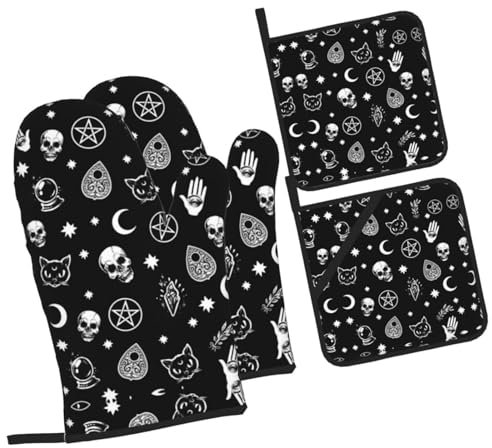 Goth Skull Halloween Gothic Black Oven Mitts and Pot Holders Set of 4,Heat Resistant Non-Slip Potholders Oven Gloves and Pad for Kitchen Cooking Baking Grilling BBQ