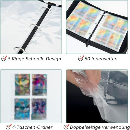Fußball Sammelkarten Album 4 Fächer, Fussball Karten Sammelalbum mit Reißverschluss und 50 Herausnehmbaren Seiten für 400 Karten, PU-Material mit wasserdichter Oberfläche