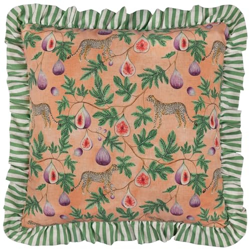 furn. Wylder Tropics Okara Leopard And Fig Printed Ruffle Cushion Cover - Peach/Green - 50x50cm