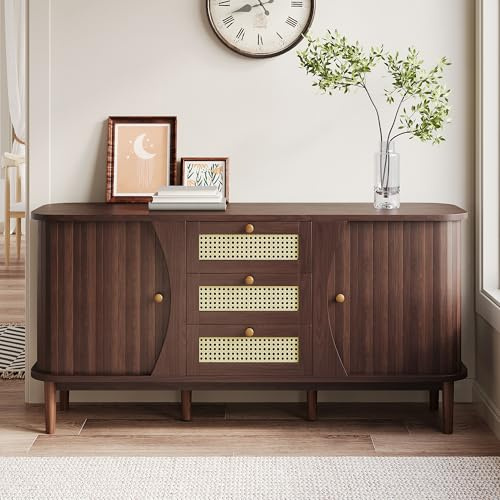 ModernLuxe Sideboard Beistellschrank für Wohnzimmer Küchenschrank Kommode mit Schubladen Rattanschubladen und Schiebetüren, Walnussopti 140.5 * 40 * 76cm