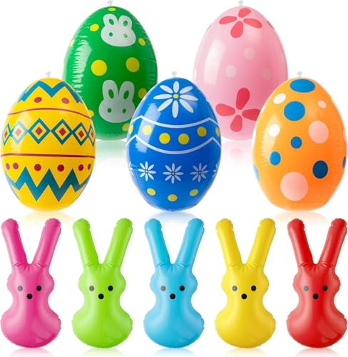 Haooryx Ostern Inflationsdecoration - 10 Stück Inflationskaninchen & Eier, Bunte Aufblasbare Osterhasen und Ostereier, Ideale Dekoration für Garten, Rasen, Balkon, Osterevents, Geburtstage, Partydeko