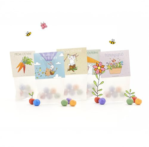 Oster-Geschenkset mit 10 x bunten Blumenmurmeln im Tütchen l 5 verschiedene, liebevoll gestaltete Ostermotive l Kleine Saatkugeln in einem Tütchen im Oster-Design l Geschenk zu Ostern l Geschenkidee