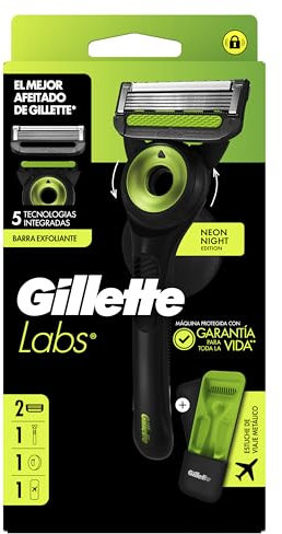 GilletteLabs Maquinilla De Afeitar Neon Night Edition, 1 Mango Con Barra Exfoliante Integrada, 2 Cuchillas De Recambio Con Banda Lubricante, 1 Estuche De Viaje, 1 Colgador De Pared