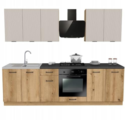 Laclar Küchenzeile 260 cm - Modulare Möbel für die Küche - mit 8 Schränken - Arbeitsplatte - Soft-Close - ohne Spülbecken Geräte - Mix Evoke Oak/Kaschmir - Küchenarbeitsplatte Evoke Oak