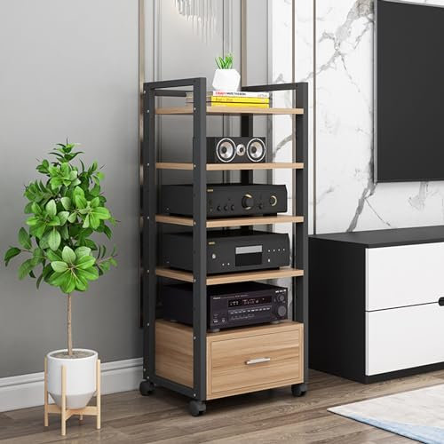 5-Tier Movable Audio Tower AV Media Stand CD Player Stand Stereo Component Storage Cabinet and Open Media Center with Height Adjustable Wooden Shelf and Drawer for Home/O,B-60X40X120CM