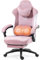 Dowinx Silla de Gaming con Soporte Lumbar de Masaje con calefacción, Silla de Gaming de Tela con cojín de muelles ensacados y reposapiés, Silla de Gamer para Adultos, Color Rosa