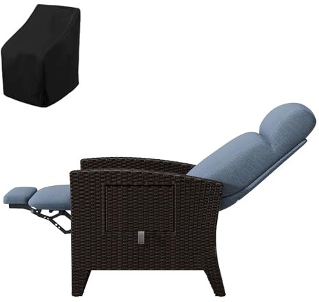 Fiutazge Relaxliege Verstellbare Rückenlehne,Relaxsessel mit liegefunktion,Liegesessel Sonnenliege aus Rattan mit Abdeckung für Garten,Terrasse,Balkon-RattanSchwarz und BlauSitzkissen-TischLeft