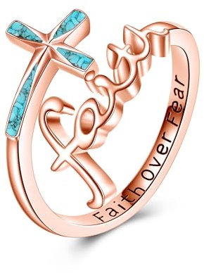 ONEFINITY Fede Croce Anelli Regolabile Argento Sterling Turchese Fede sulla paura Croce Anelli Gioielli Religiosi Cristiani Regali Per Signore Uomini Rosa Oro