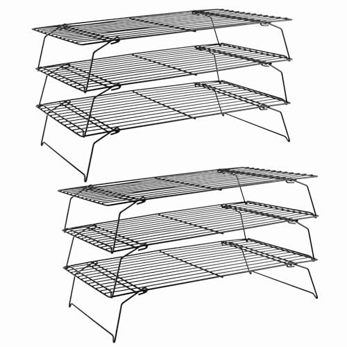 SINJEUN 6 Stück Abkühlgitter Schwarz, Kuchengitter mit Füßen, 40 x 25 x 7,5 cm Metall Gitter zum Backen für Muffin, Kuchen, Pizza, Küche