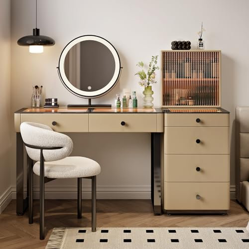 Modern Vanity Desk - Two Removable Storage Cabinets and 5-6 Drawers & Makeup Chair, Tempered Glass Desk,Dressing Table with Smart Mirror,Suitable for Bedrooms,Brown,100CM/39.3IN
