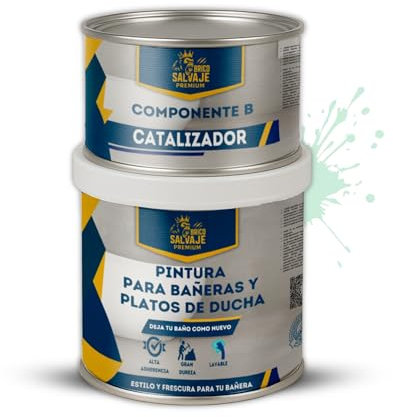 BRICOSALVAJE Pintura para Bañeras y Platos de Ducha de Poliuretano | 750 ml (600+150 ml) | Acabado Cerámico Brillo | Renovación sin Obras | Impermeable y Resistente (Eucalipto Suave)