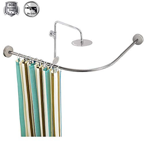 Tringle à rideau de douche incurvée réglable en forme de L sans perçage pour baignoire d'angle imperméable incluse 7095 x 7095 cm