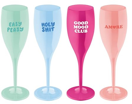 Koziol CHEERS No.1 Gläserset | Sektgläser 100 ml | 4er-Set | Kunststoff, mit originellem Spruchmotiv, bruchfest, wiederverwendbar | Party, Silvester, Hochzeit, JGA (COLOR UP)