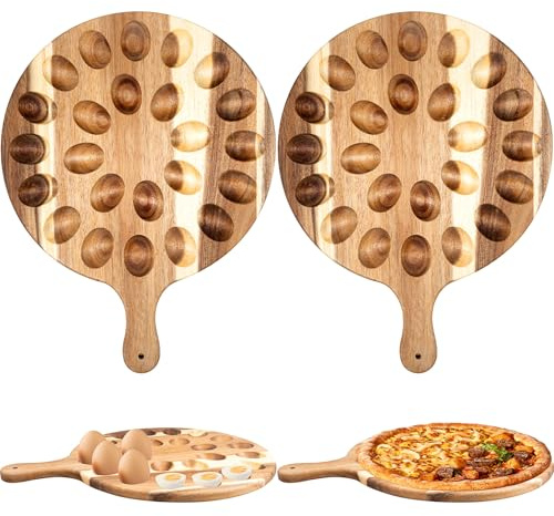 2 Pcs Wooden Egg Platter with Handle, Acacia Wood Deviled Egg Board | 24 Holes Reversible Wooden Charcuterie Board & Egg Serving Holder Tray for Kitchen Countertop, 43 x 33 cm