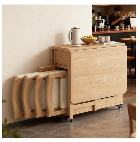 BYZOMU Klappbarer Esstisch Klapptisch-Set Aus Massivholz, 5-teilig, Ausziehbarert 4 Stühlen/Rollen, Platzsparender Klapptisch for Küche Und Wohnzimmer
