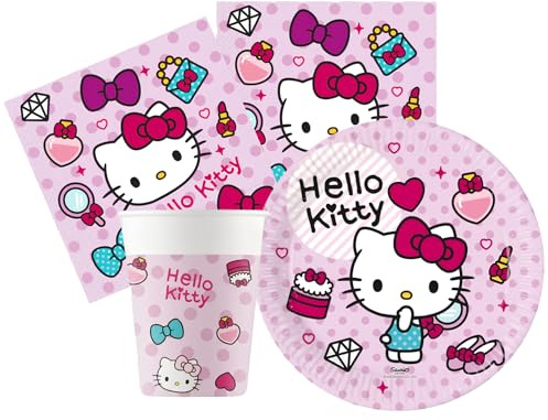 Kit Compleanno Tavola Hello Kitty 2 per 16 Persone (52 Pezzi: 16 Piatti 23cm, 16 Bicchieri 200ml, 20 tovaglioli) in Carta