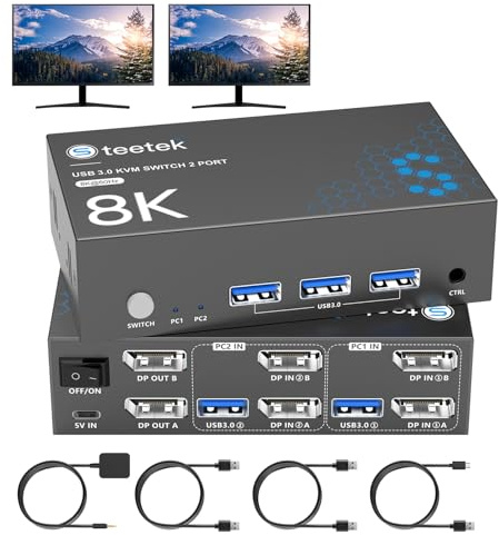 8K@60Hz KVM Switch 2 Monitors 2 Computers DisplayPort, USB3.0 KVM Switches, 4K@120Hz Dual Monitor for 1 Set of Keyboard Mouse Printer and U Disk with EDID Adaptive 2 USB Cables -S7230P2