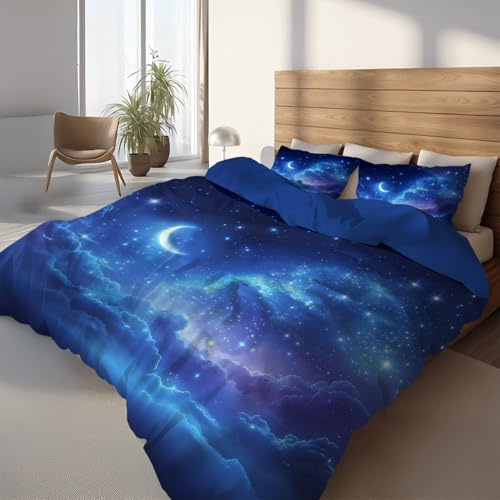 Weiche Winterbettwäsche Set 3tlg 155 x 220 cm – Atmungsaktiv Warm & Hautfreundlich Bettwäsche Königsblau – Stern Nachthimmel Verträumt Pflegeleichten Bettbezug für Kinder Erwachsene