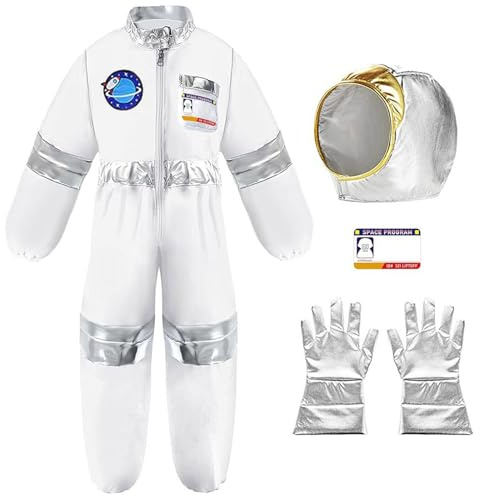 Beichwtd Astronaut Kostüm kinder 3Pcs Weiß Astronautenkostüm Kind Unisex Astronautenoverall Astronauten Helm Silberne Handschuhe Weltall Kostüm für Mädchen Jungen Raumfahrer Spaceman Kostüm Outfit