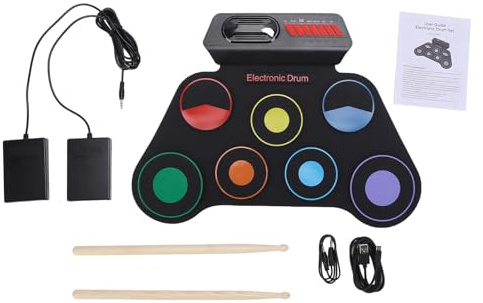 SUNGOOYUE Elektronisches Schlagzeug-Set, Realistische Klangqualität mit Pedal-gesteuerter Hi-Hat und Austauschbarer Snare-Position, Zweikanal-Lautsprecher, Kopfhörerausgang, Integriertes (Farbversion)