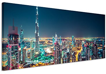 Panorama Fotoleinwand 120x40cm Architekturfotografie – Dubai Skyline bei Nacht, UAE auf Leinwand exklusives Wandbild moderne Fotografie für ihre Wand in vielen Größen