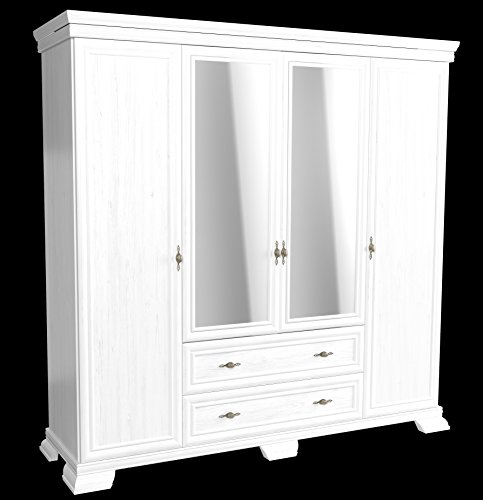 Furniture24 Kleiderschrank Kora KS3 Schrank Drehtürenschrank mit 4 Türen 2 Schubkasten und Spiegel (Andersen Kiefer)
