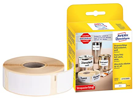 AVERY Zweckform A1933085 Dymo LabelWriter wetterfeste Etiketten kompatibel zu 1933085 (19x64mm, 1 Rolle|450 Kunststoff Aufkleber, selbstklebend, für LW Dymo Etikettendrucker, Beschriftungsgerät)