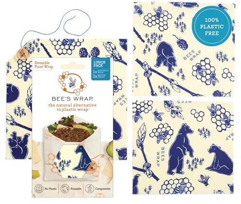 Bees Wrap Bees & Bears Lunchpaket, 3 Stück | Bio-Bienenwachs-Wraps – plastikfrei – wiederverwendbare Lebensmittelaufbewahrung – Mittagessen und Reste – hergestellt in den