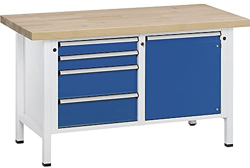Werkbank, Gestellbauweise, 4 Schubladen, Tür 540 mm, Buche massiv, Vollauszug.