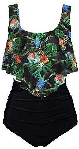 Aidotop Maillots de Bain Femmes 2 Pieces à Volants Vintage Taille Haute Plage Floral Slim Bikini Set(10black Pineapple,M)