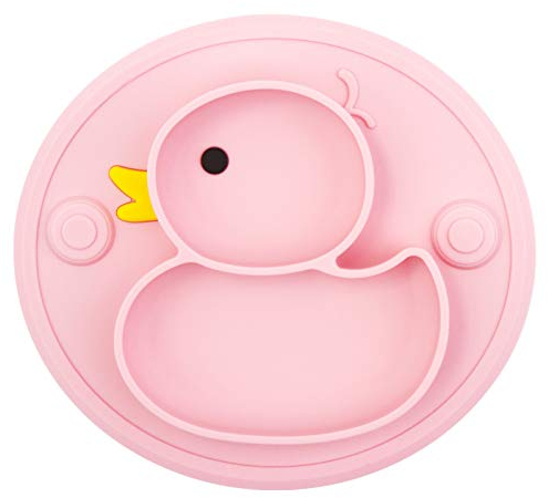Baby Teller Rutschfeste Saugfütterungsplatte für Kleinkinder Babys Kinder Tischset mit Saugnäpfen BPA-frei, FDA-geprüft, Spülmaschinen-und mikrowellengeeignet (Rose Ente)