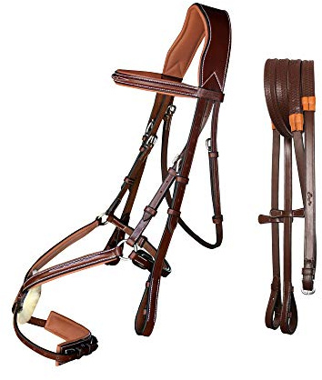 Exion Figure 8 English Jumping Bridle with Soft Padding & Rubber Reins | Anatomical Mono Crown | Grackle Noseband Mexican Bridle with SS Buckles | Premium Horse Bridle for Jumping & Eventing